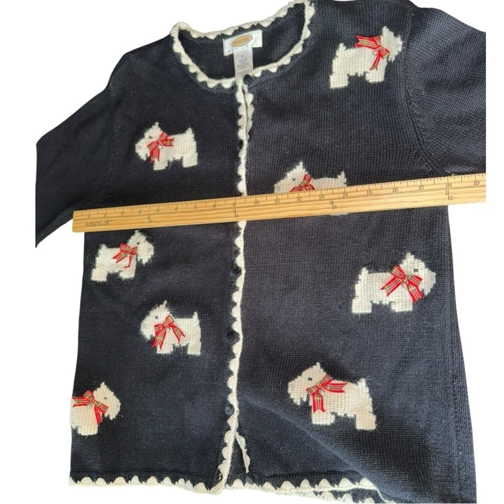 TALBOTS SWEATER CARDIGAN BLACK WHITE DOG WESTIE SCOTTISH TERRIER SIZE SP PETITE - Picture 9 of 15